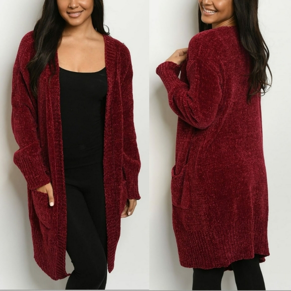 Wine Sweater Cardigan with Pockets, Size M - Picture 2 of 2